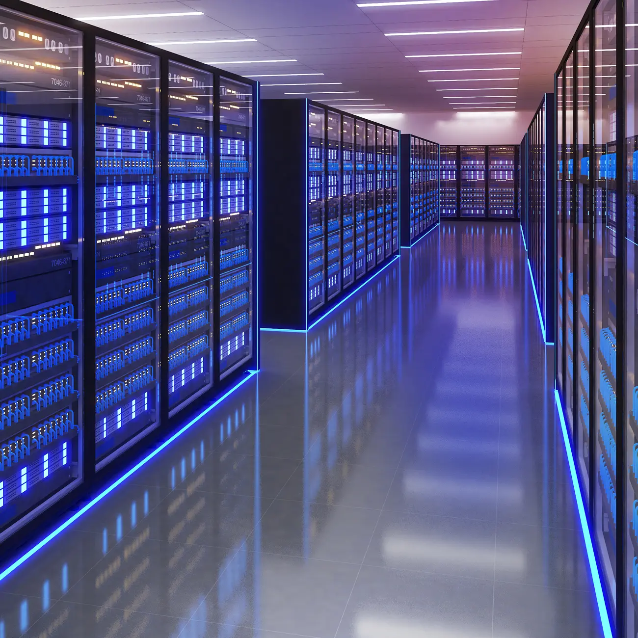 Rows of servers inside a modern data center.
