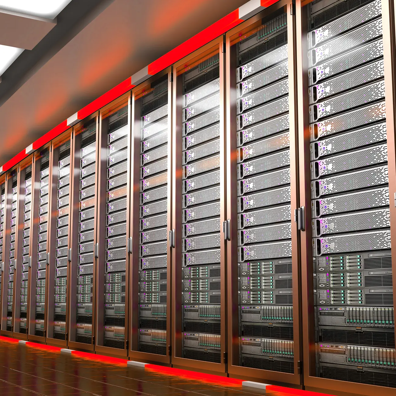 Rows of servers inside a data center.