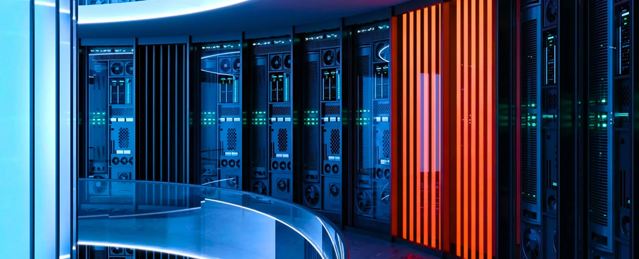 Futuristic server room with sleek glass walls, glowing orange vertical light panels, and rows of high-tech servers emitting a cool blue light.