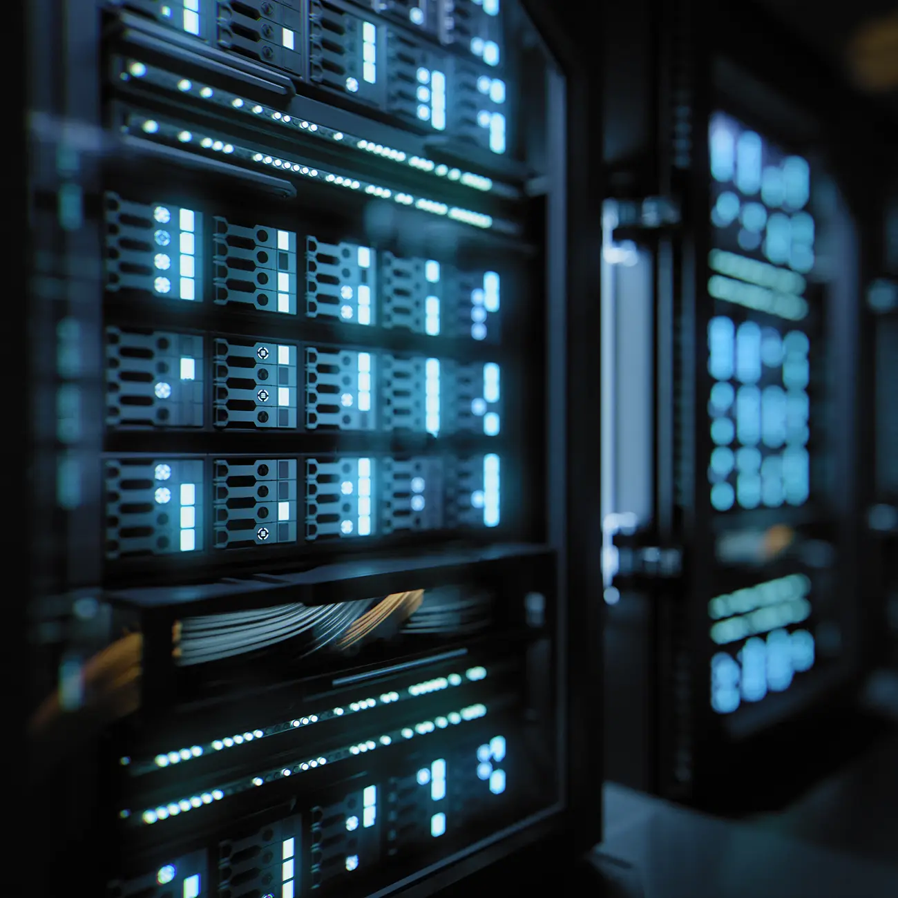 A row of illuminated server racks in a data center, glowing with blue and white lights, creating a high-tech and efficient atmosphere.